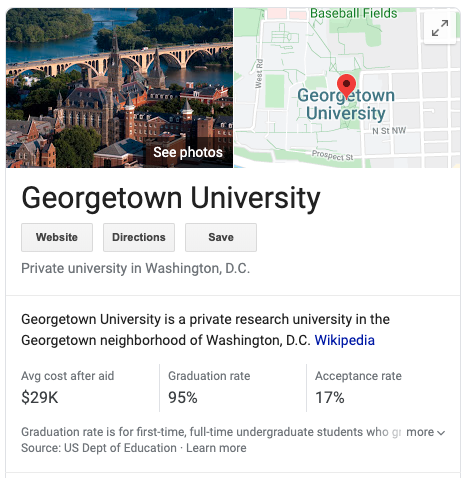 screen capture of google search for Georgetown University