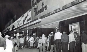 crowd in front of a movie theater, 1955