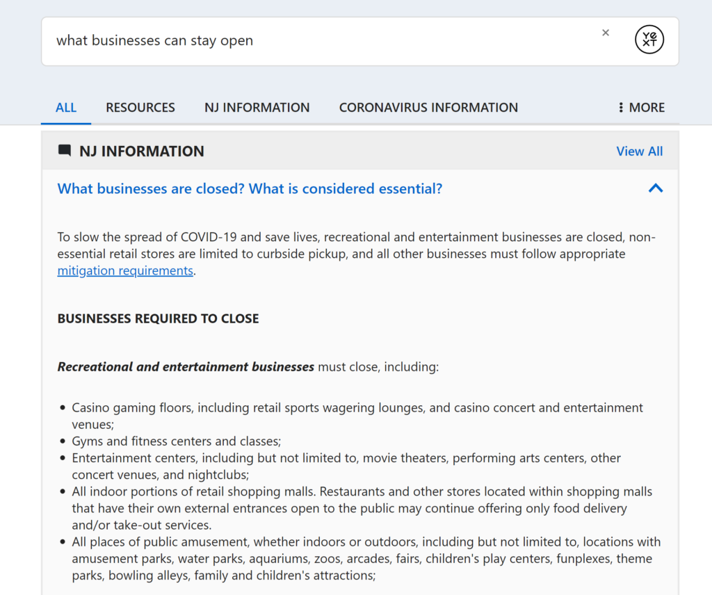 Screenshot of NJ list of businesses that could remain open