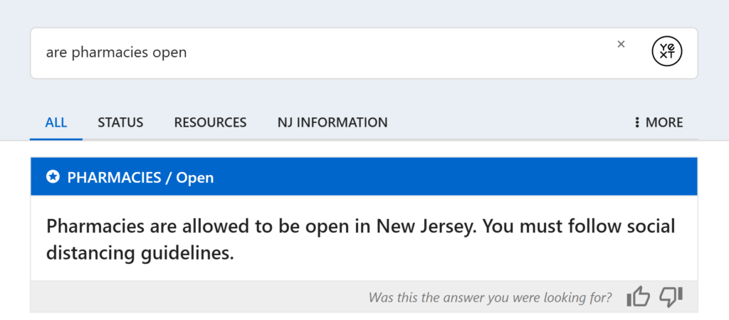 Screenshot of "are pharmacies open" from NJ COVID-19 info page