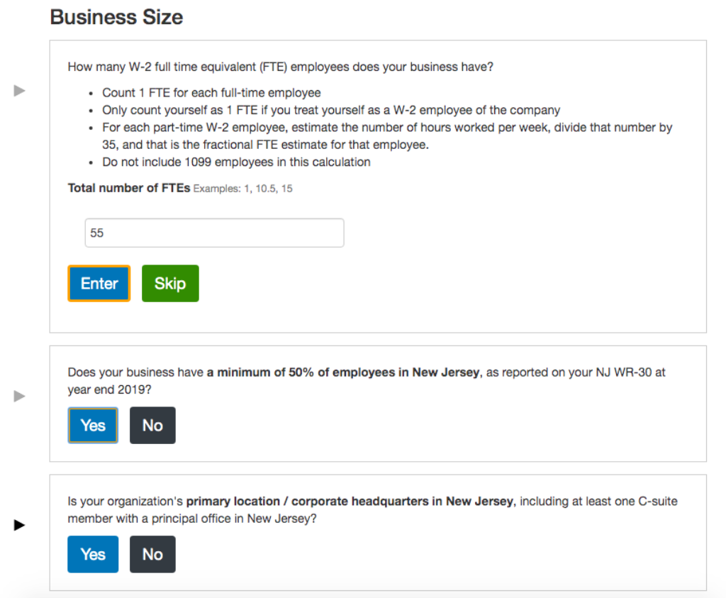 Screenshot of Small Business Eligibility Wizard tool