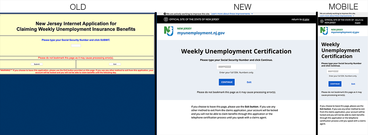 screenshots of old, new, and mobile versions of New Jersey weekly unemployment certification sites