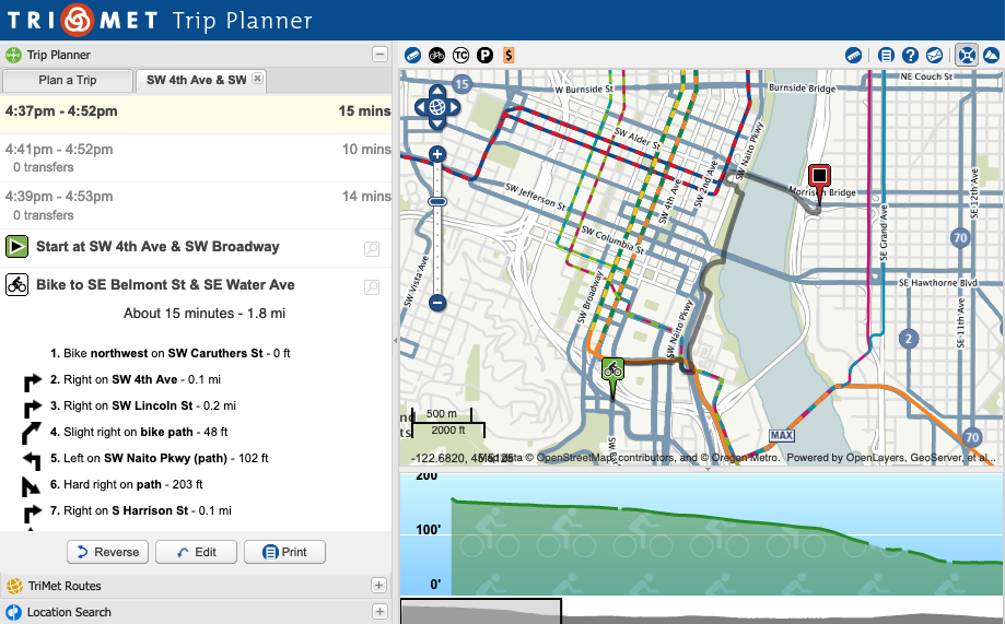 Screenshot of Portland, OR TriMet Trip Planner