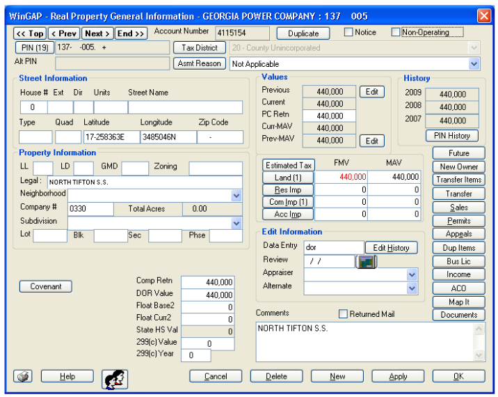 screenshot of WinGAP CAMA data entry screen