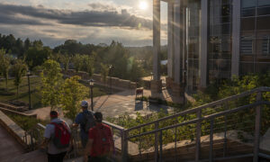 students walk down brick step at sunset