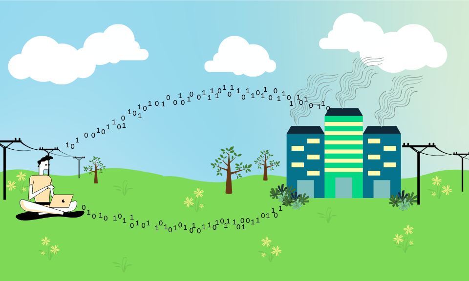 graphic of man sitting on green grass with stream of ones and zeroes travelling to a data center
