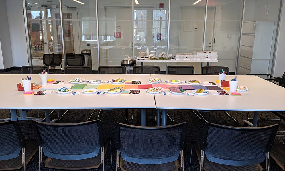 conference table with sticky notes on top