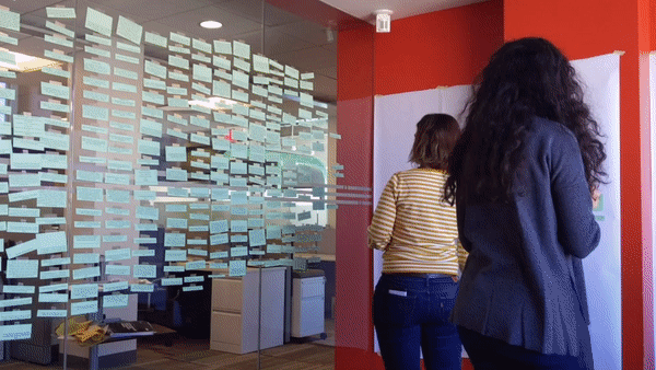 team members working on a whiteboard with notes on it