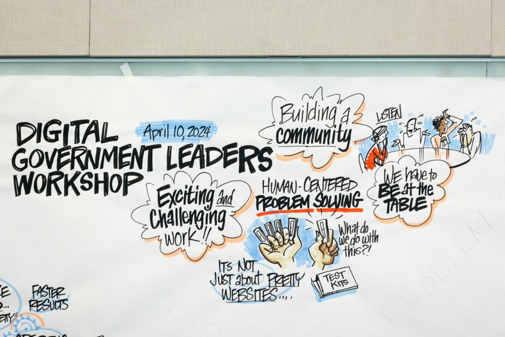 A visual summary poster captures key themes from the 2024 Chief Digital Service Officers Convening, including community building and human-centered problem solving.