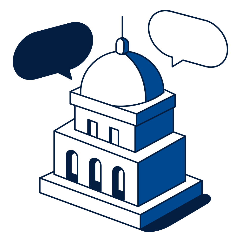 Icon showing government building and speech bubbles