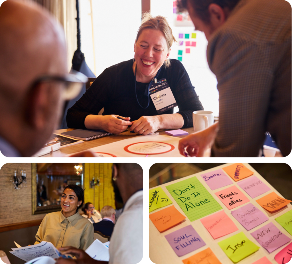 Chelsea Mauldin participates in a small-group discussion during BenCamp 2025 in Seattle, Washington, June 25–26, 2025. Bottom left: attendees review materials and share ideas during a breakout session focused on public benefits innovation. Bottom right: the BenCamp reflections of participants captured on colorful sticky notes.